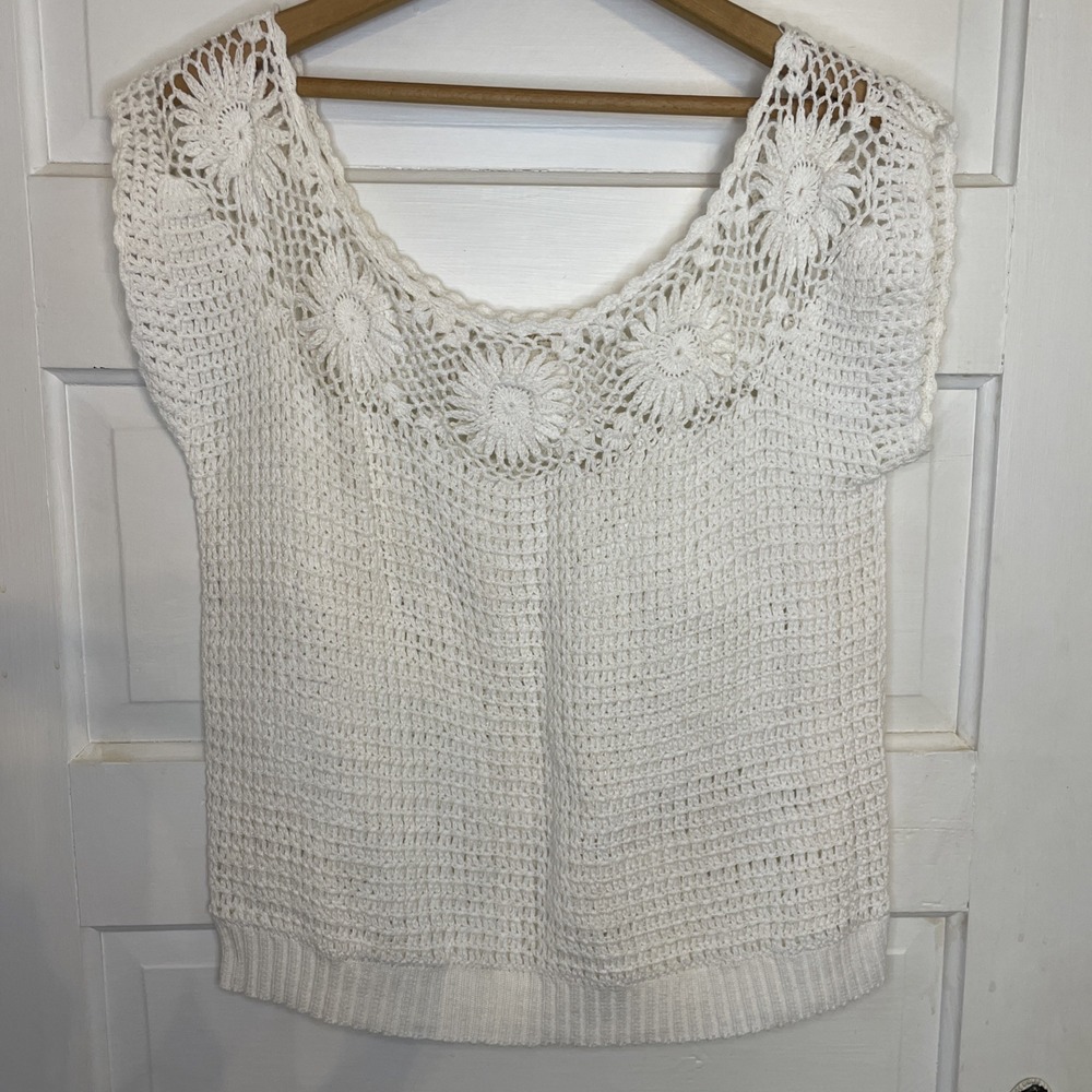 White Sweater Peekaboo Vintage Small‎ 100% Cotton Crochet Floral Cap Sleeve Boho